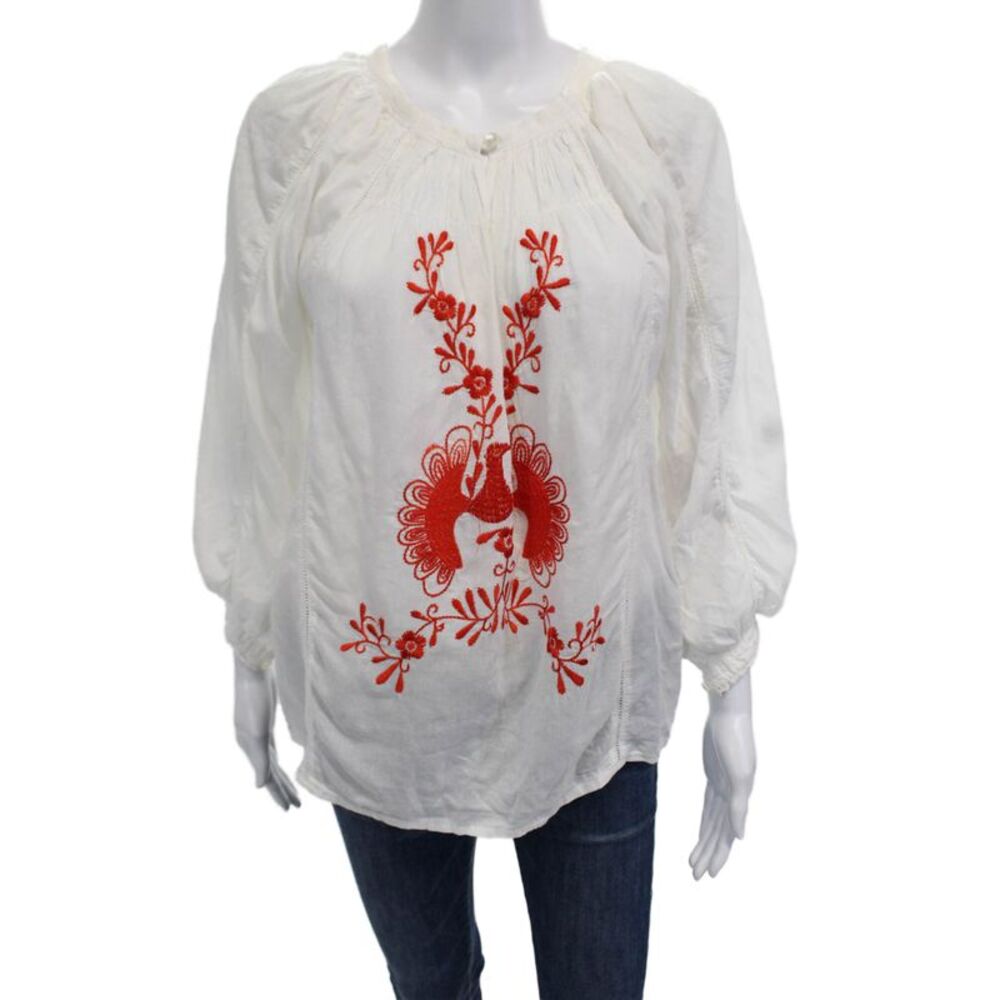 Roberta Freymann Women Tunic Blouse Red Round Neck Long Sleeve Cotton Size XS